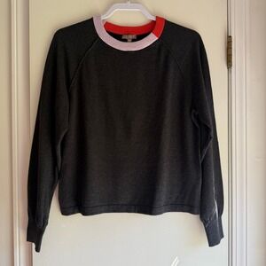 Lilla P Womens Cotton Cashmere Colorblock Crewneck Sweater Charcoal Grey Small